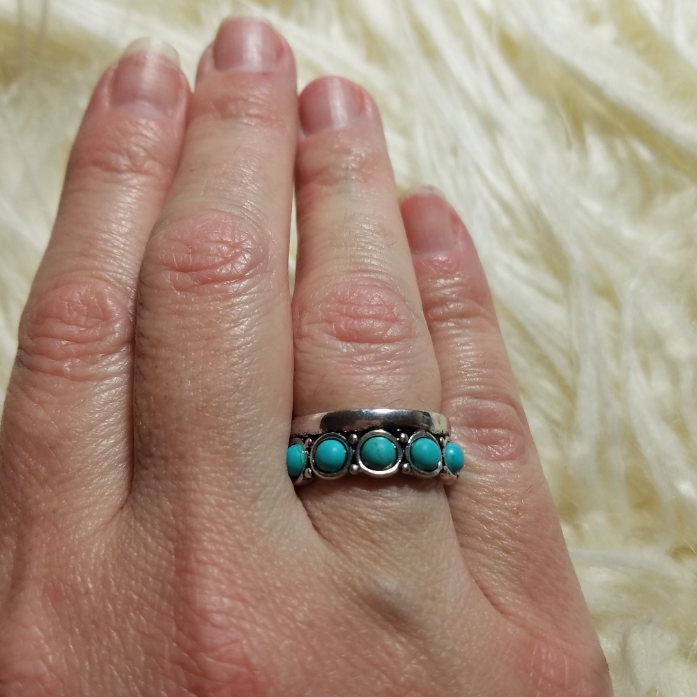 Ring turquoise and silver stretchy band